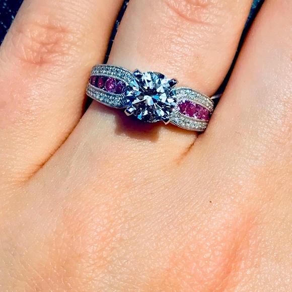 Diamond Ring 1 1/4k Diamond, Pink Sapphires white gold - Picture 1 of 17